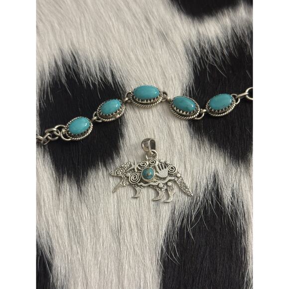 Native American Sterling Silver Turquoise Spiny Armadillo Picto Story Pendant - Picture 2 of 8